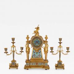  Janetti Father Sons French gilt bronze and enamel three piece clock set - 3783516