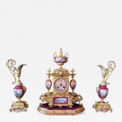  Japy Freres French 19C Japy Freres Red Sevres Porcelain Mantle Clock with Garniture Set - 4130337