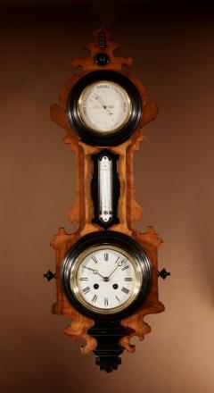 French Carved Walnut Antique Wall Clock, Barometer & Thermometer