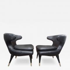  Karpen of California Pair of Italian Modern Curved Back Chairs Upholstered in Black Leather - 3655191