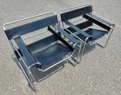  Knoll Signed Dated Marcel Breuer Pair Wassily Lounge Chairs Knoll Blk Lthr Chrome - 3165460