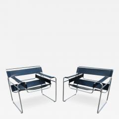  Knoll Signed Dated Marcel Breuer Pair Wassily Lounge Chairs Knoll Blk Lthr Chrome - 3167574