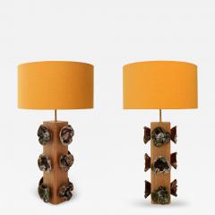  L A Studio Madrid LA Studio Pair Of German Ceramic Flower and Oak Table Lamps Germany - 4608251