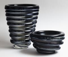  LAntiquaire Limited Edition Murano Black Coral Ribbed Glass Vase Bowl Set Signed - 2724580
