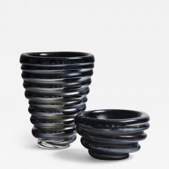 LAntiquaire Limited Edition Murano Black Coral Ribbed Glass Vase Bowl Set Signed - 2730017