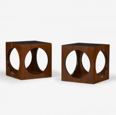  Lane Furniture Pair of Lane Mid Century Cube Side End Tables Nightstands Walnut Smoked Glass - 3500244