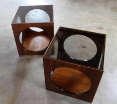  Lane Furniture Pair of Lane Mid Century Cube Side End Tables Nightstands Walnut Smoked Glass - 3500249