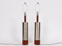  Laurel Lamp Company Monumental Pair of Laurel Lamp Co Brushed Aluminum Walnut Column Table Lamps - 1593749