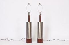  Laurel Lamp Company Monumental Pair of Laurel Lamp Co Brushed Aluminum Walnut Column Table Lamps - 1593751