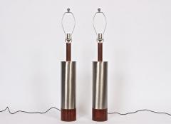  Laurel Lamp Company Monumental Pair of Laurel Lamp Co Brushed Aluminum Walnut Column Table Lamps - 1593752