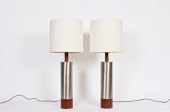  Laurel Lamp Company Monumental Pair of Laurel Lamp Co Brushed Aluminum Walnut Column Table Lamps - 1593765