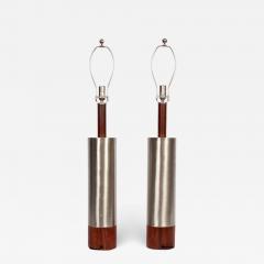  Laurel Lamp Company Monumental Pair of Laurel Lamp Co Brushed Aluminum Walnut Column Table Lamps - 1594976
