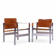  Le Corbusier Le Corbusier Style Mid Century Leather and Stainless Steel Sling Lounge Chairs - 4217676