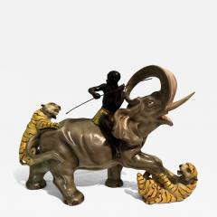 Lenci MID CENTURY ELEPHANT WITH TRIBAL LEADER FIGHTING OFF TIGERS CERAMIC FIGURE - 3709440