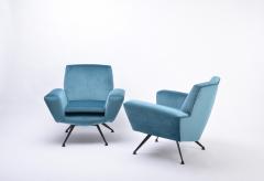  Lenzi Set of Two Blue Reupholstered Italian Mid Century Modern Lounge Chairs by Lenzi - 2037576