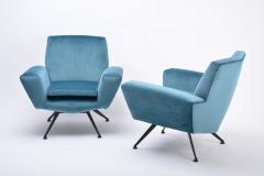  Lenzi Set of Two Blue Reupholstered Italian Mid Century Modern Lounge Chairs by Lenzi - 2562512