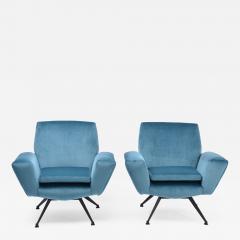  Lenzi Set of Two Blue Reupholstered Italian Mid Century Modern Lounge Chairs by Lenzi - 2564224