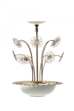  Lightolier 1950s Paavo Tynell Style Blooming Brass White Daisies Chandelier by Lightolier - 2507729