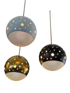  Lightolier MID CENTURY MODERNIST BRASS WHITE BLACK ENAMEL THREE BALL CHANDELIER - 4695568