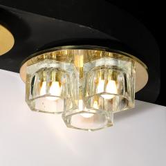  Lightolier Mid Century Hexagonal 3 Shade Glass Flush Mount Chandelier w Brass by Ligholier - 3554130