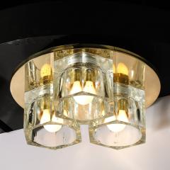  Lightolier Mid Century Hexagonal 3 Shade Glass Flush Mount Chandelier w Brass by Ligholier - 3554149