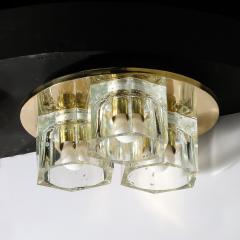  Lightolier Mid Century Hexagonal 3 Shade Glass Flush Mount Chandelier w Brass by Ligholier - 3554165