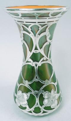 Loetz Glass Antique Loetz Art Nouveau Orange Green Silver Overlay Vase - 4424596