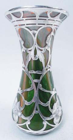  Loetz Glass Antique Loetz Art Nouveau Orange Green Silver Overlay Vase - 4424637