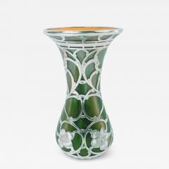  Loetz Glass Antique Loetz Art Nouveau Orange Green Silver Overlay Vase - 4426844