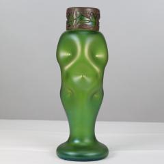  Loetz Glass Loetz attr A tall Art Nouveau green iridescent vase with brass floral collar  - 4188727