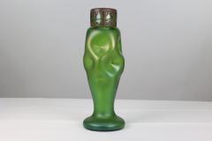  Loetz Glass Loetz attr A tall Art Nouveau green iridescent vase with brass floral collar  - 4188728