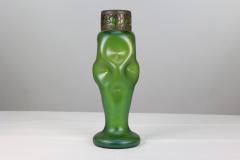  Loetz Glass Loetz attr A tall Art Nouveau green iridescent vase with brass floral collar  - 4188729