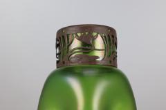  Loetz Glass Loetz attr A tall Art Nouveau green iridescent vase with brass floral collar  - 4188732