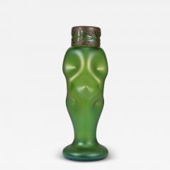  Loetz Glass Loetz attr A tall Art Nouveau green iridescent vase with brass floral collar  - 4234549