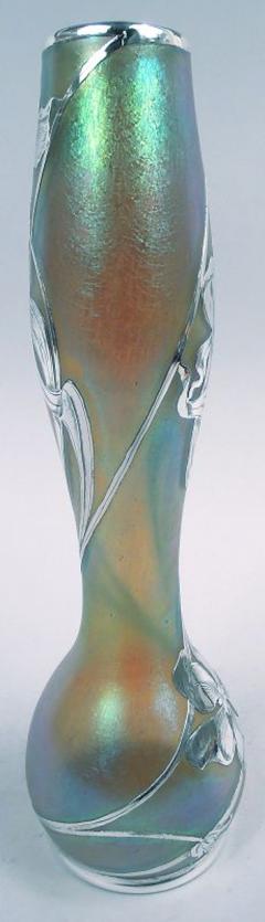 Loetz Loetz Tall Art Nouveau Iridescent Vase with Floral Silver Overlay - 4364434