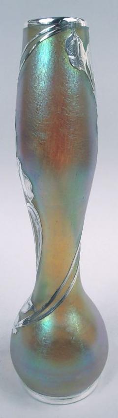 Loetz Loetz Tall Art Nouveau Iridescent Vase with Floral Silver Overlay - 4364436