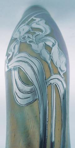 Loetz Loetz Tall Art Nouveau Iridescent Vase with Floral Silver Overlay - 4364452