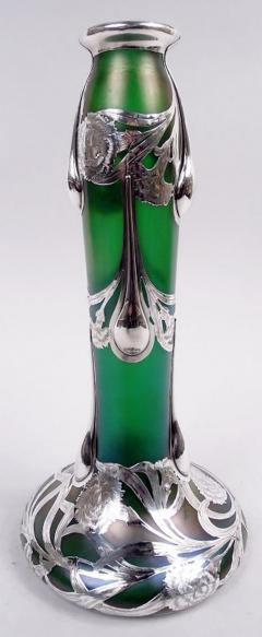  Loetz Tall Loetz Art Nouveau Green Vase with Alvin Silver Overlay - 4341100
