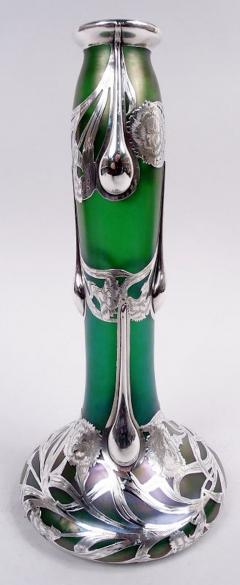  Loetz Tall Loetz Art Nouveau Green Vase with Alvin Silver Overlay - 4341101