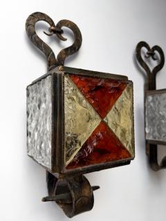  Longobard Hammered Glass Wrought Iron Sconce by Longobard Italy 1970s - 4373364