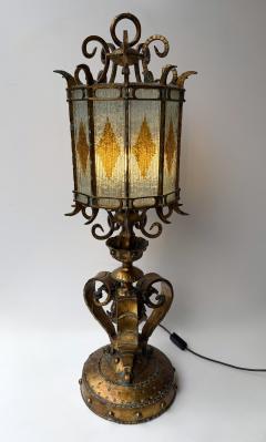  Longobard Large Hammered Glass Wrought Iron Lantern Lamp by Longobard Italy 1970s - 4598719