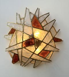  Longobard Large Pair of Hammered Glass Gilt Wrought Iron Sconces by Longobard Italy 1970s - 3195359