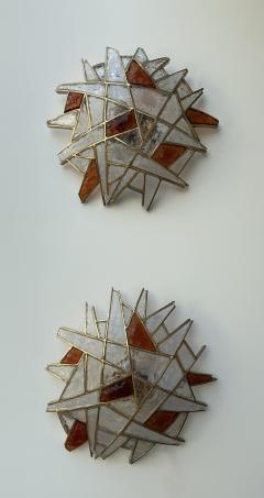  Longobard Large Pair of Hammered Glass Gilt Wrought Iron Sconces by Longobard Italy 1970s - 3195360