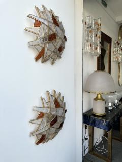  Longobard Large Pair of Hammered Glass Gilt Wrought Iron Sconces by Longobard Italy 1970s - 3195362