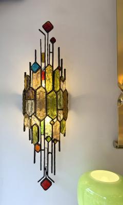  Longobard Large Pair of Hammered Glass Wrought Iron Sconces by Longobard Italy 1970s - 4683945