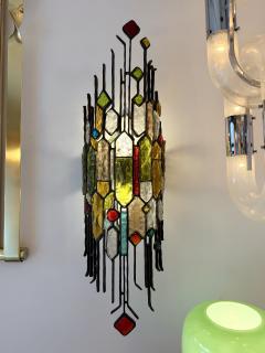  Longobard Large Pair of Hammered Glass Wrought Iron Sconces by Longobard Italy 1970s - 4683946