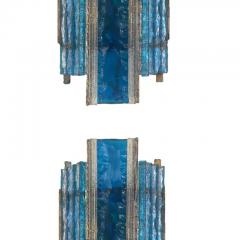  Longobard Pair Longobard Blue and Clear Hammered Murano Glass and Wrought Iron Sconces - 3856875