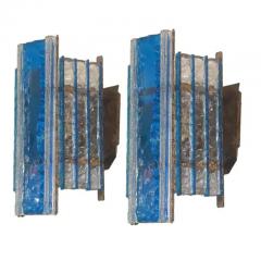  Longobard Pair Longobard Blue and Clear Hammered Murano Glass and Wrought Iron Sconces - 3856876