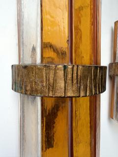  Longobard Pair of Amber Glass Hammered Wrought Iron Sconces by Longobard Italy 1970s - 4551714