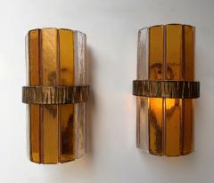  Longobard Pair of Amber Glass Hammered Wrought Iron Sconces by Longobard Italy 1970s - 4551723